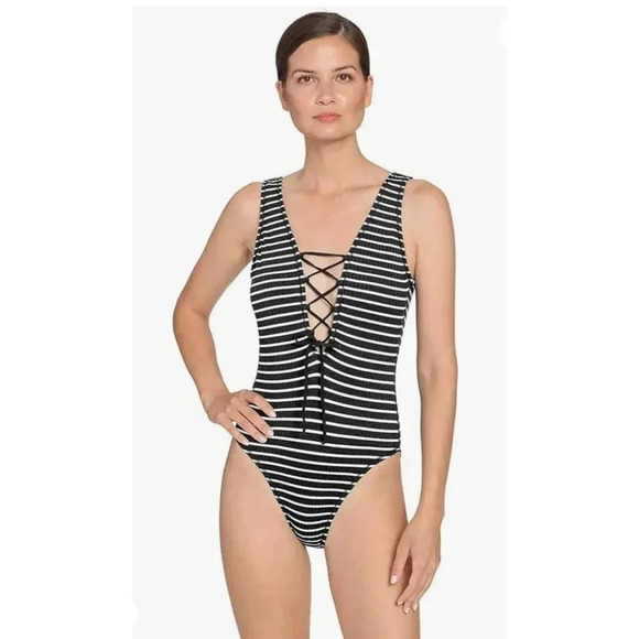 Robin Piccone Sailor Stripe Lace Up One Piece Swimsuit - Picture 1 of 7